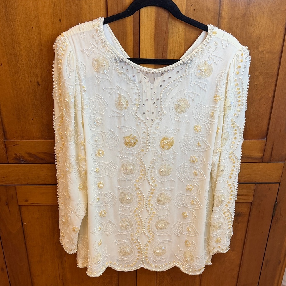 Vintage Elegant Formal Cream Top w/Beads, Sequins & Pearls, 14-Delicate, Neutral